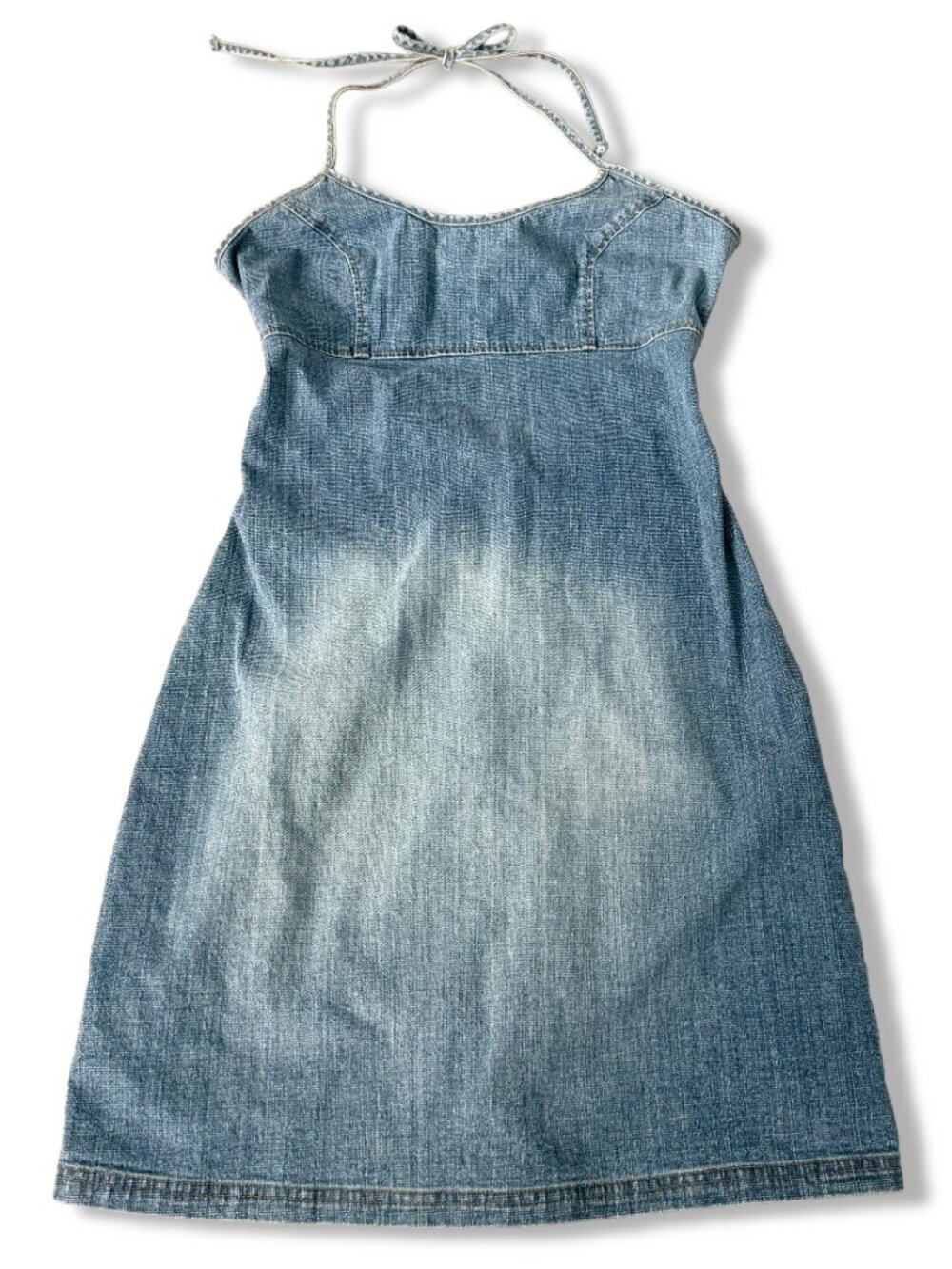 Vintage Y2K Sfuzi Denim Halter Mini Dress Size 5 Blue Wash Open Back